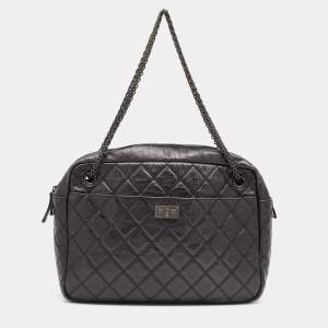 Pre Owned Chanel Metallic Black Quilted Aged Leather Large Reissue Camera Bag