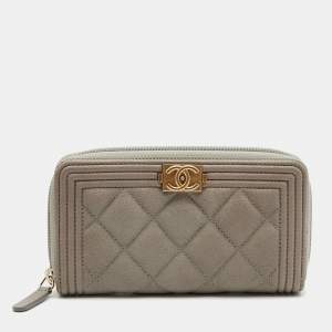 Chanel Grey Quilted Caviar Leather Boy Zip Around Wallet