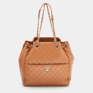 Pre Owned Chanel Brown Quilted Leather CC Lock Drawstring Bucket Bag