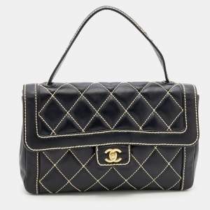 Pre Owned Chanel Black Leather Wild Stitch Surpique Flap Bag