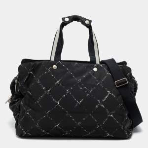 Pre Owned Chanel Black/White Quilted Print Nylon Travel Line Duffel Bag