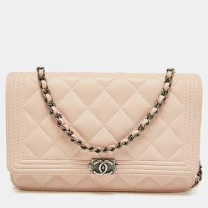 Chanel Blush Pink Quilted Leather Boy Wallet On chain