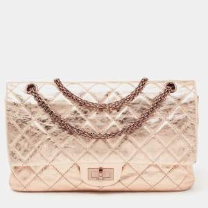 Pre Owned Chanel Metallic Rose Gold Crinkled Quilted Leather Reissue 2.55 Classic 227 Jumbo Flap Bag