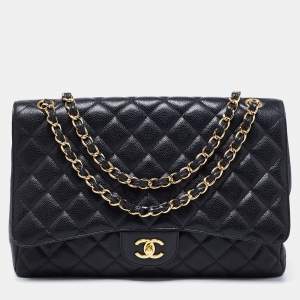 Pre Owned Chanel Black Quilted Caviar Leather Maxi Classic Single Flap Bag
