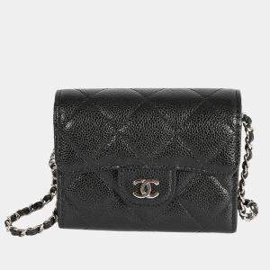 Chanel Black Quilted Caviar Mini Flap Card Holder On Chain