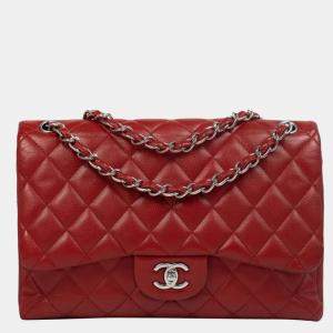 Chanel Red Leather Timeless Jumbo Double Flap Shoulder Bag 