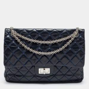 Pre Owned Chanel Navy Blue Quilted Leather Reissue 2.55 Classic 227 Double Flap Bag