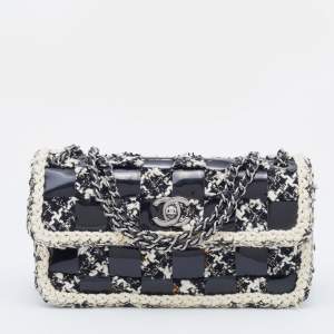 Pre Owned Chanel Black/White Chessboard Tweed and Patent Leather Flap Bag