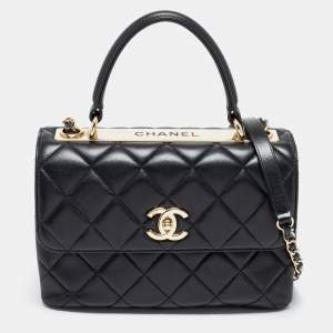 Pre Owned Chanel Black Quilted Lambskin Leather Small Trendy CC Flap Top Handle Bag