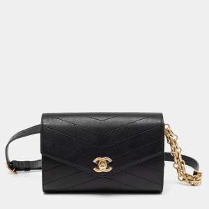 Pre Owned Chanel Black Chevron Quilted Leather Coco Waist Belt Bag