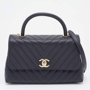 Pre Owned Chanel Black Chevron Caviar Leather Medium Coco Top Handle Bag