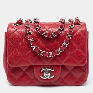 Pre Owned Chanel Red Quilted Caviar Leather Mini Square Classic Flap Bag