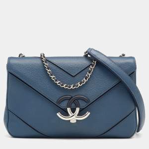 Pre Owned Chanel Blue Caviar Leather Chevron Flap Bag