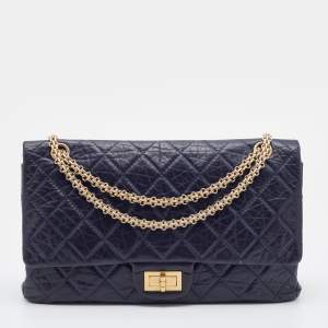 Pre Owned Chanel Navy Blue Quilted Crinkled Leather Reissue 2.55 Classic 227 Double Flap Bag