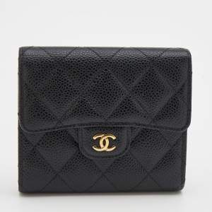 Chanel Black Quilted Caviar Leather Classic Trifold Flap Wallet