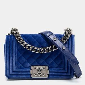 Pre Owned Chanel Blue Quilted Velvet Small Boy Flap Bag