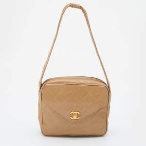 Pre Owned Chanel Beige Quilted Leather Vintage Camera Bag