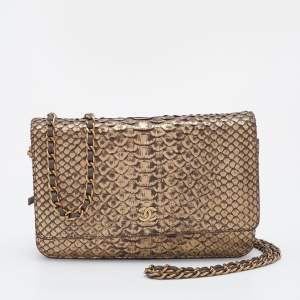 Chanel Metallic Gold/Brown Python Classic Wallet On Chain