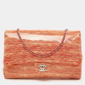Pre Owned Chanel Orange Stripe Patent Leather Bag