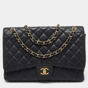 Pre Owned Chanel Black Quilted Caviar Leather Maxi Classic Single Flap Bag