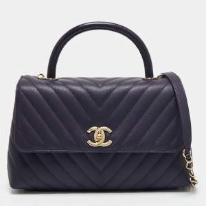 Pre Owned Chanel Purple Caviar Leather Medium Coco Top Handle Bag