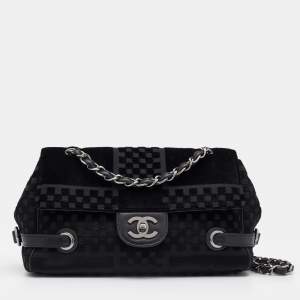 Pre Owned Chanel Black Check Embossed Velvet And Fabric CC Side Belted Flap Bag
