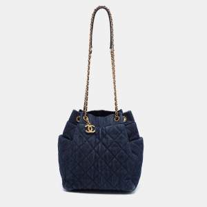 Pre Owned Chanel Blue Quilted CC Denim Drawstring Bucket Bag