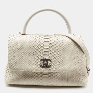 Pre Owned Chanel Off White Python Medium Coco Top Handle Bag