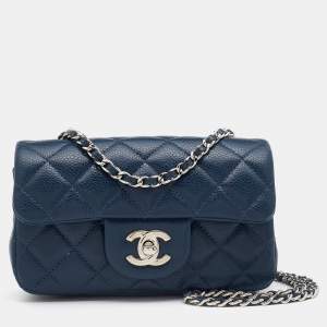 Pre Owned Chanel Blue Quilted Leather Extra Mini Classic Single Flap Bag