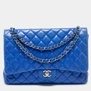 Pre Owned Chanel Blue Quilted Leather Maxi Classic Single Flap Shoulder Bag