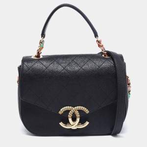 Pre Owned Chanel Black Quilted Caviar Leather Small Thread Around Flap Bag