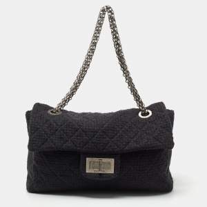 Pre Owned Chanel Black Quilted Wool Boucle XXL Reissue 2.55 Flap Bag