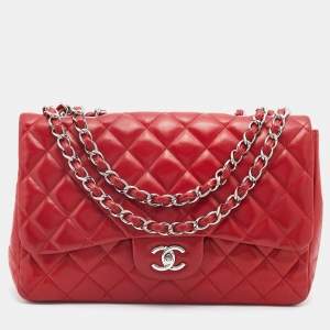 Pre Owned Chanel Red Quilted Leather Jumbo Classic Single Flap Bag