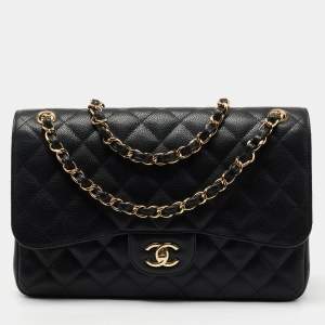 Pre Owned Chanel Black Quilted Caviar Leather Jumbo Classic Double Flap Bag
