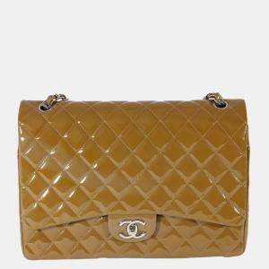 Chanel Tan Quilted Patent Leather Maxi Double Flap Bag