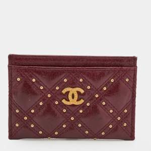 Chanel Burgundy Quilted Leather CC Studded Card Holder