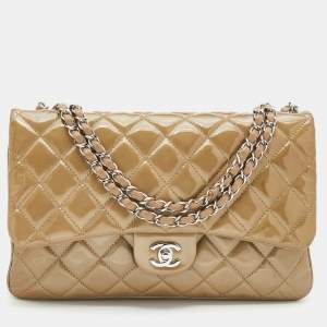 Pre Owned Chanel Olive Grey Quilted Patent Leather Accordion 3 Flap Bag