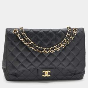 Pre Owned Chanel Black Caviar Leather Maxi Classic Single Flap Bag
