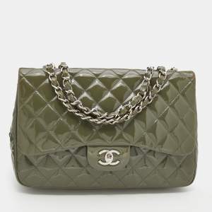 Pre Owned Chanel Olive Green Patent Leather Jumbo Classic Single Flap Bag