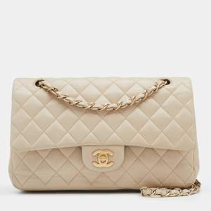 Pre Owned Chanel Cream Quilted Leather Medium Classic Double Flap Bag