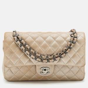 Pre Owned Chanel Iridescent Beige Quilted Caviar Leather Medium Classic Double Flap Bag