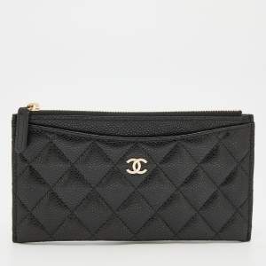 Pre Owned Chanel Black Quilted Caviar Leather CC Zip Pouch
