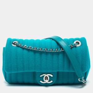 Pre Owned Chanel Aqua Green Vertical Quilted Jersey Mini Flap Bag