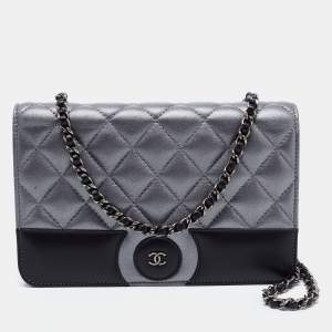 Chanel Grey/Black Quilted Leather CC Wallet on Chain