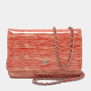 Chanel Red/White Striped Patent Leather Wallet on Chain