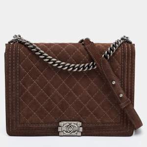 Chanel Brown Quilted Suede Large Boy Bag