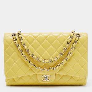 Pre Owned Chanel Yellow Quilted Leather Maxi Classic Single Flap Shoulder Bag