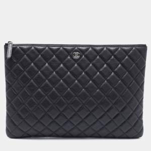 Pre Owned Chanel Black Quilted Caviar Leather Large O Case Clutch