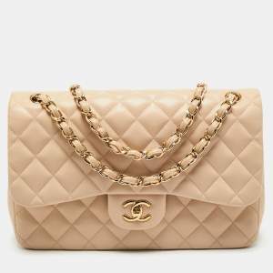 Pre Owned Chanel Beige Quilted Leather Jumbo Classic Double Flap Bag