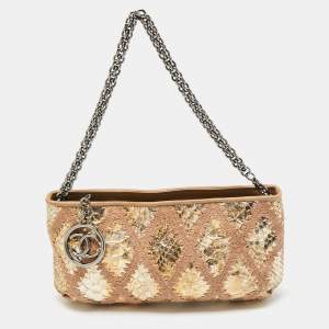 Pre Owned Chanel Gold/Beige Quilted Crochet and Python Chain Pochette
